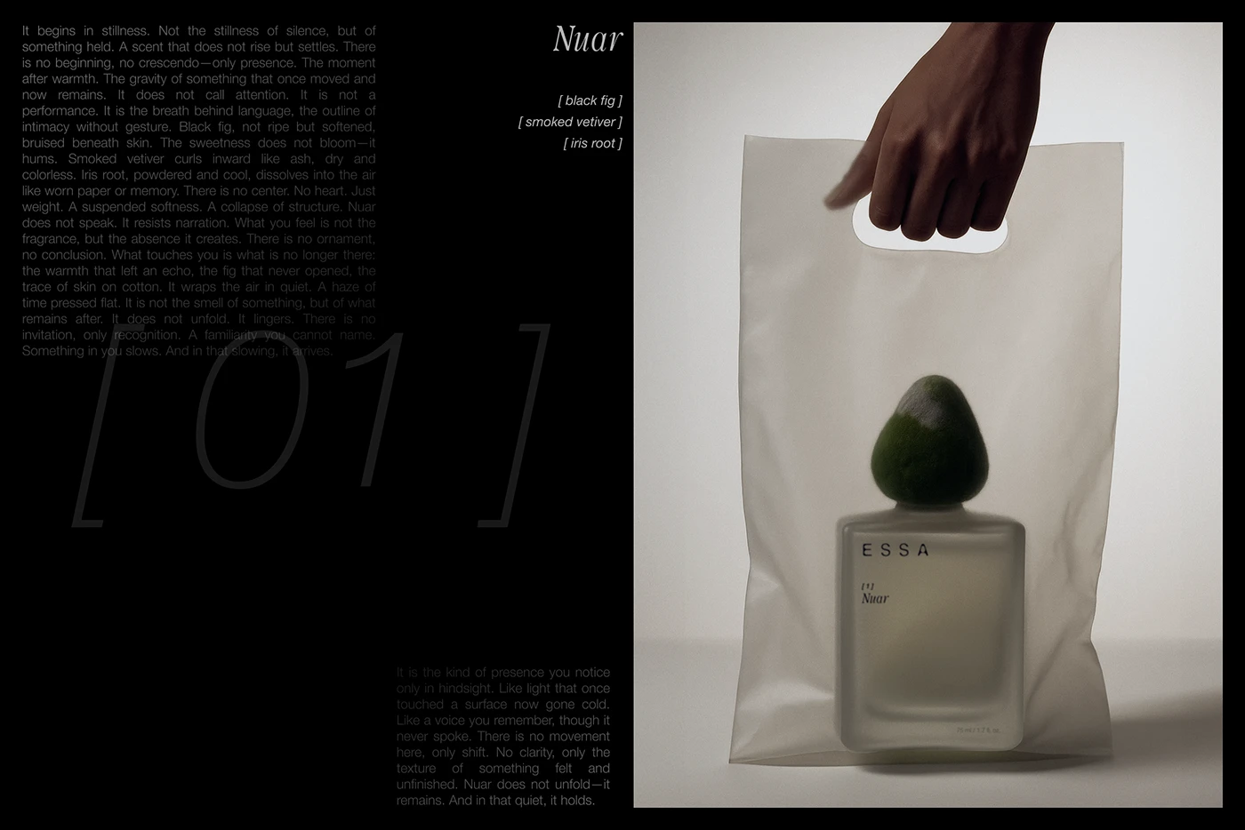 ESSA Nuar perfume brand identity by Lym Design Studio featuring minimalist typography layout and product photography in translucent bag — editorial storytelling and luxury packaging design.