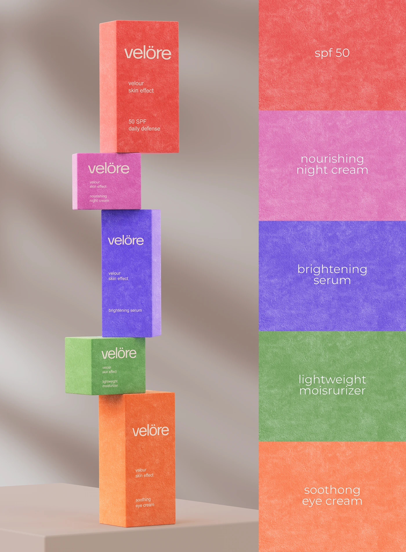 Velöre skincare packaging system with stacked colorful product boxes beside textured color panels for SPF, night cream, serum, moisturizer, and eye cream.