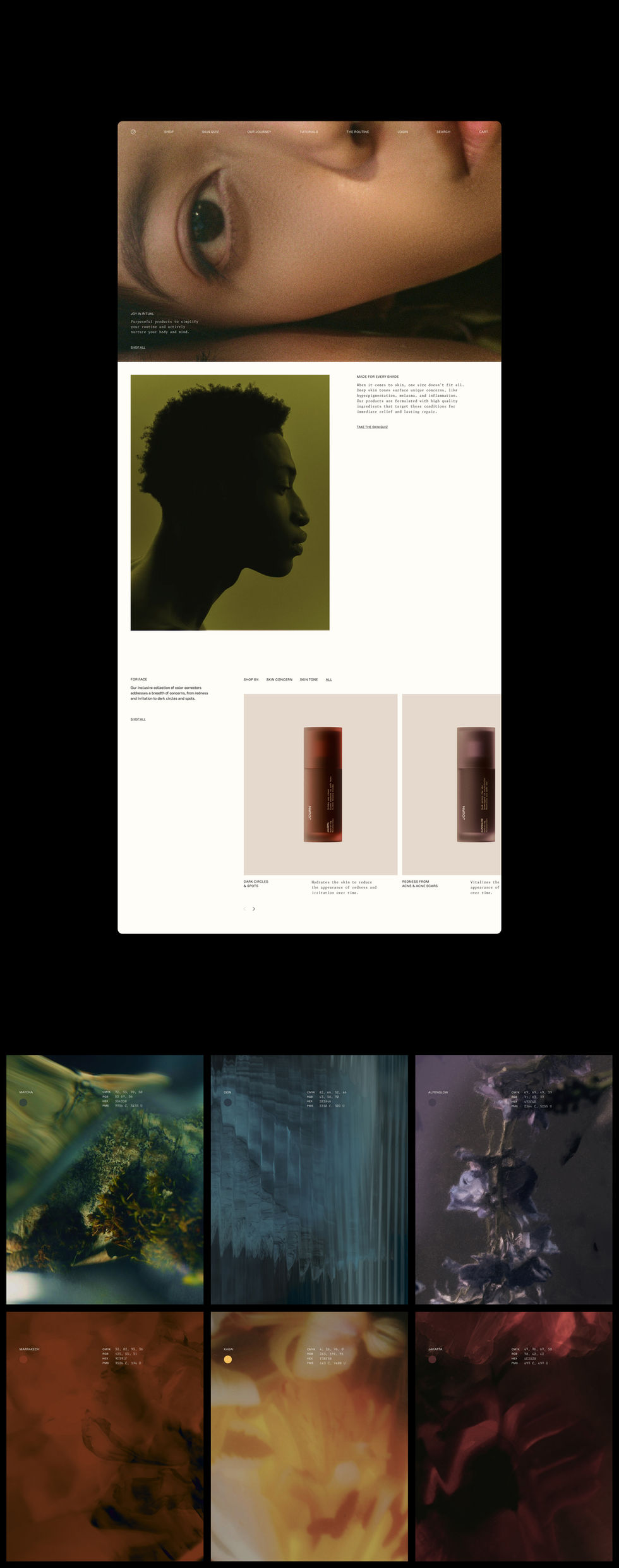 Skincare brand website design for Journ featuring editorial photography, minimalist product layout, and modern beauty e-commerce interface as part of the brand identity by Landscape.