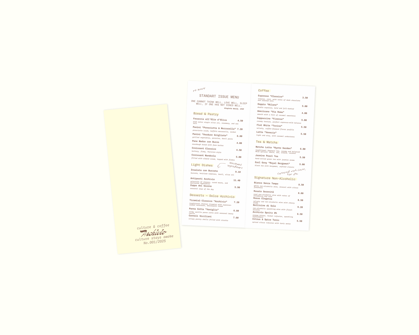Archivio Coffee Cultura printed menu design and editorial stationery layout featuring minimalist typography, handwritten notes, and archival-inspired document styling.