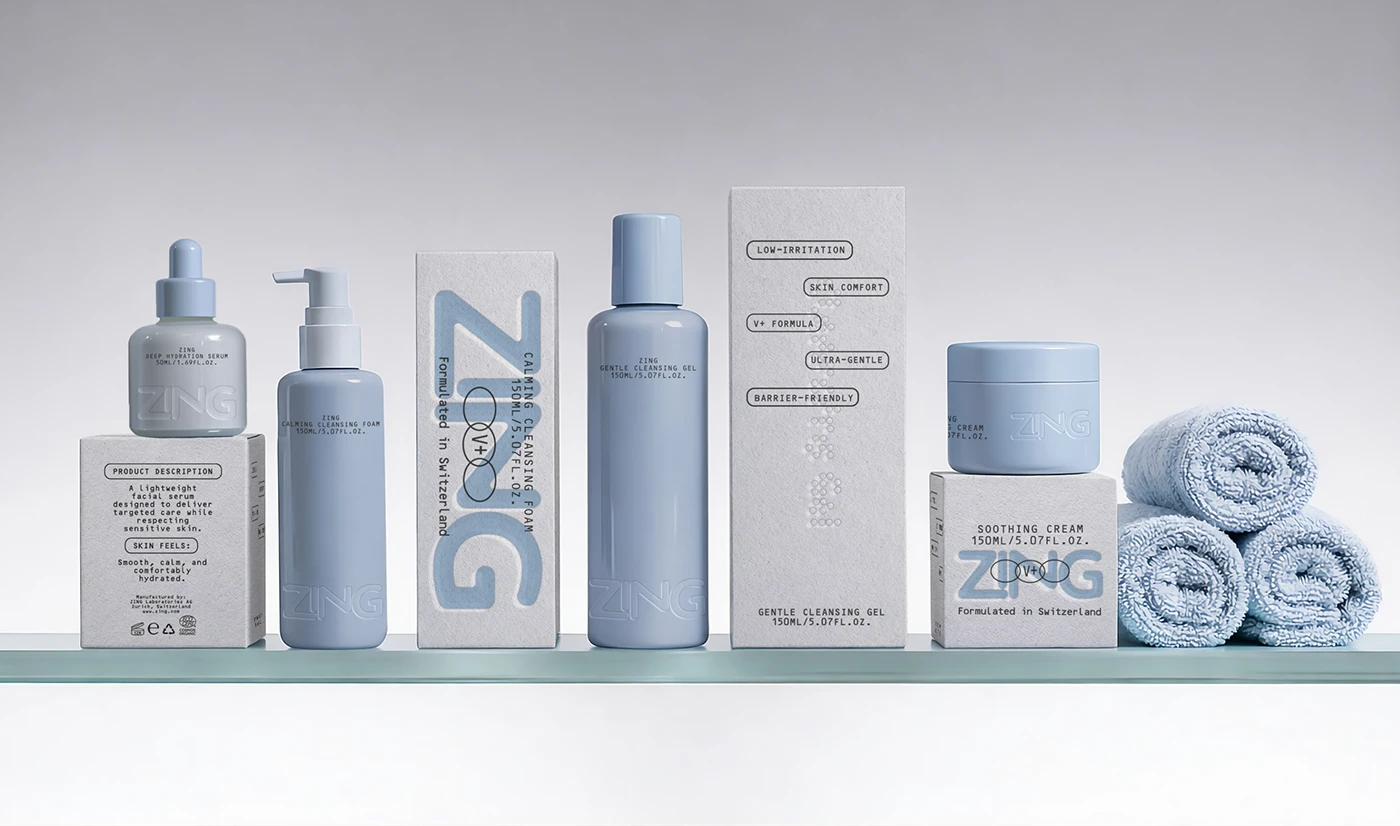 ZING skincare product lineup displayed on a glass shelf with soft blue bottles, textured cartons, cream jar packaging, and rolled towels for a calm sensitive-skin brand identity.