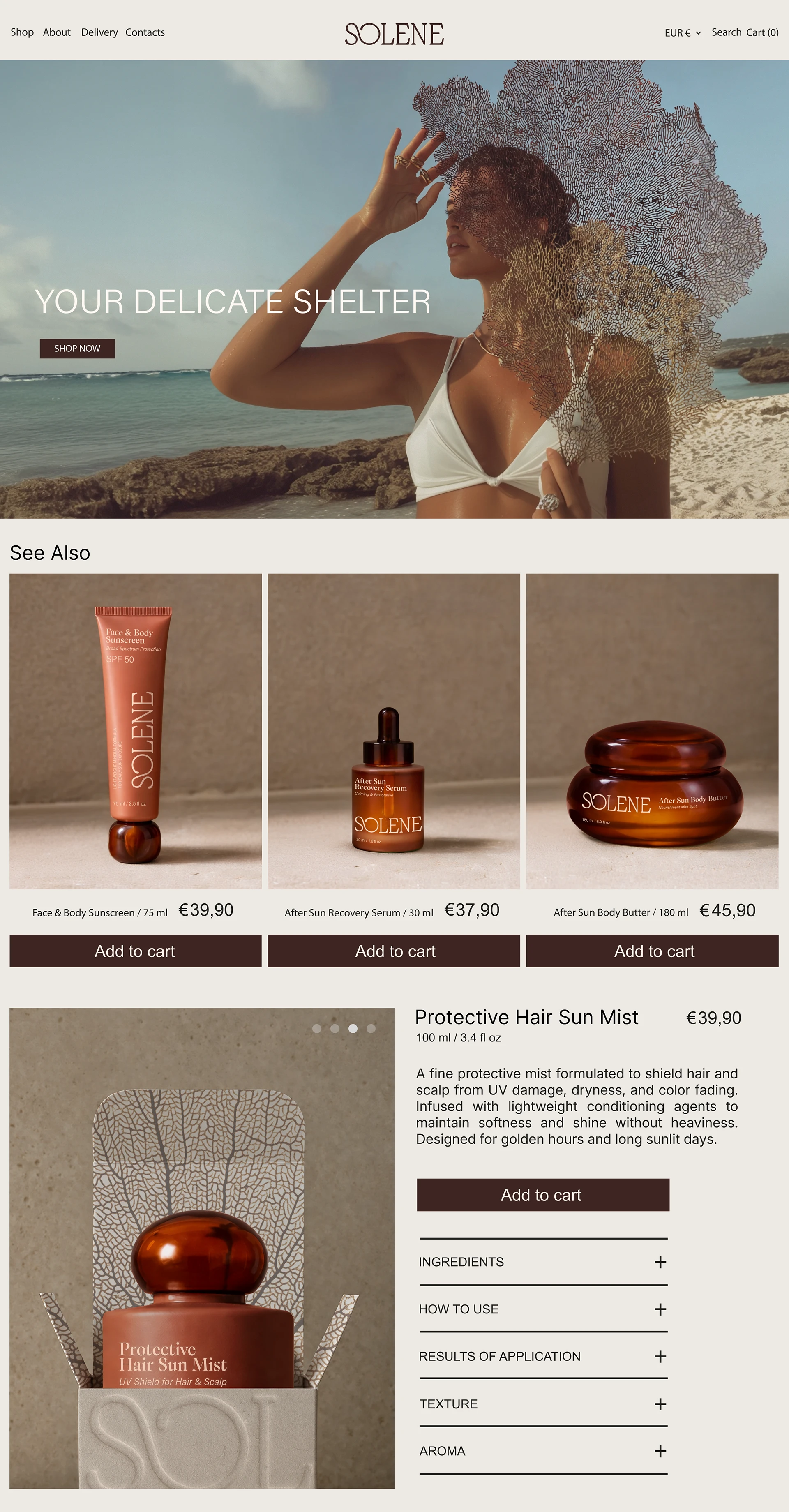 Solene SPF ecommerce website design showing the sun care brand homepage, coastal lifestyle hero image, product grid, shopping buttons, and detailed product page layout.
