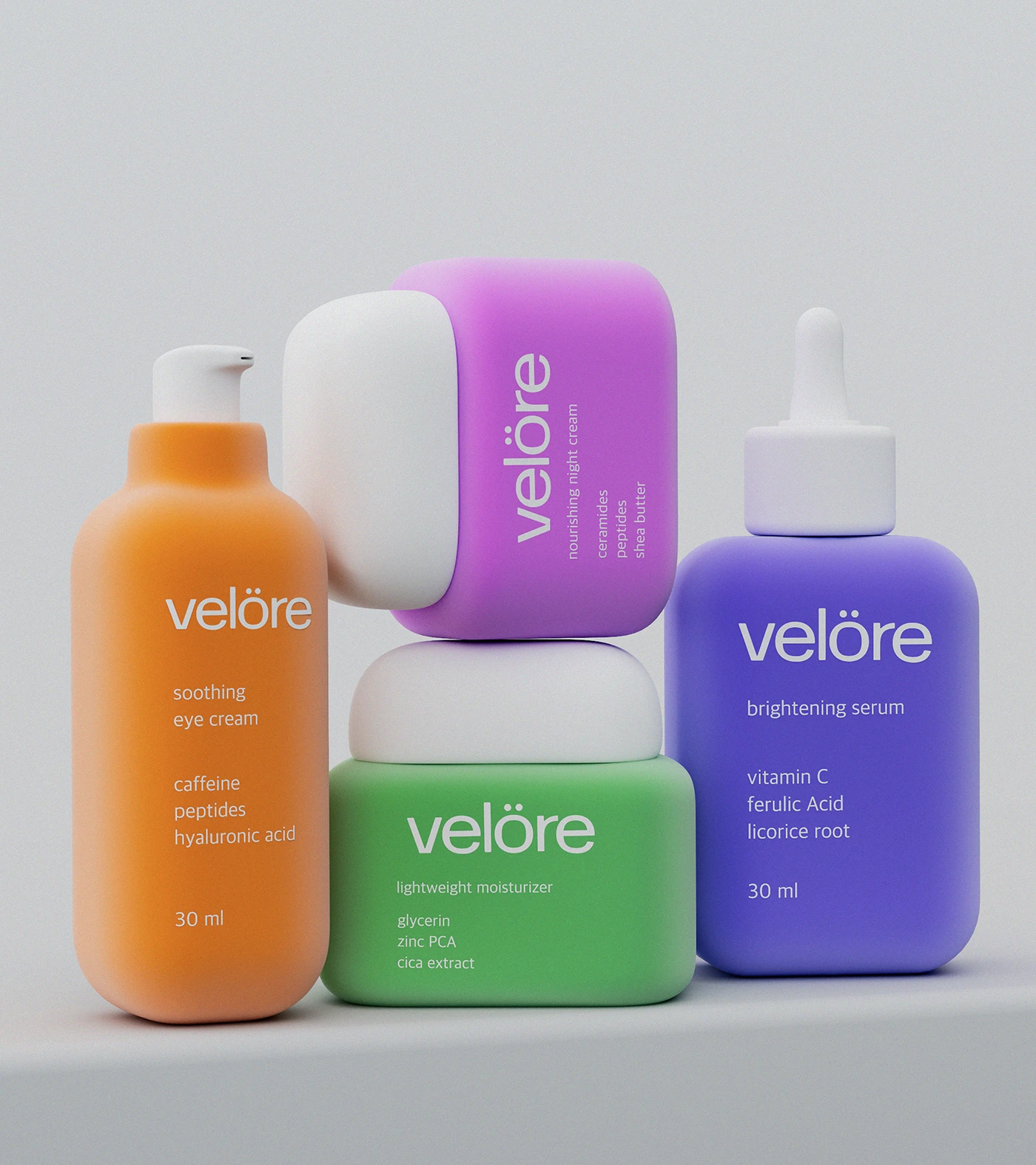 Velöre skincare product lineup showing orange eye cream, pink night cream, green moisturizer, and purple brightening serum in rounded matte containers with white minimalist typography.