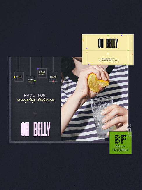 Oh Belly brand identity layout featuring wellness messaging, benefit icons, and lifestyle imagery emphasizing low calorie, sugar-free, and probiotic-focused design.