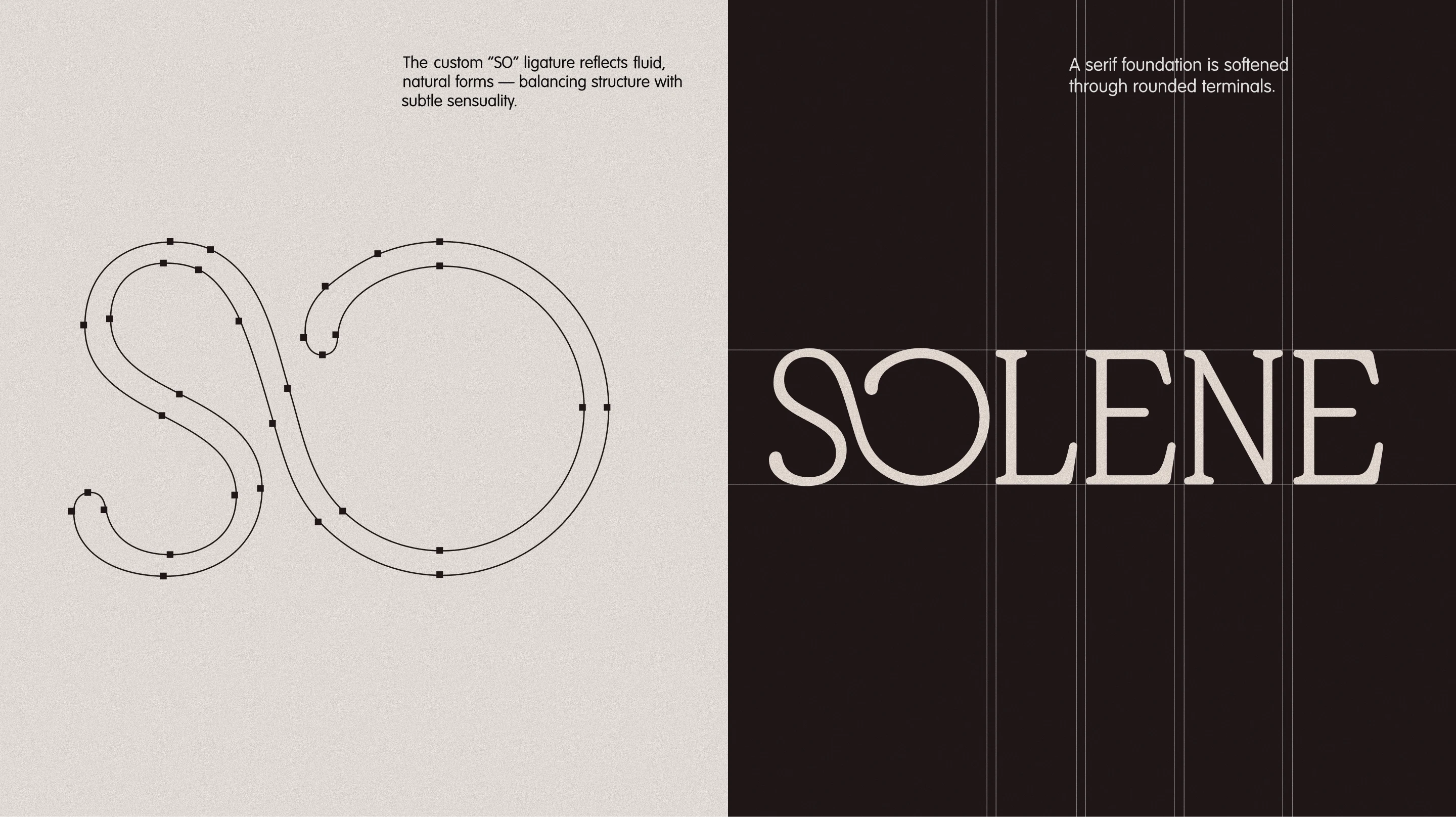 Solene SPF custom wordmark and typography study showing the fluid custom “O” ligature, serif letterforms, and rounded terminal details used in the brand identity.