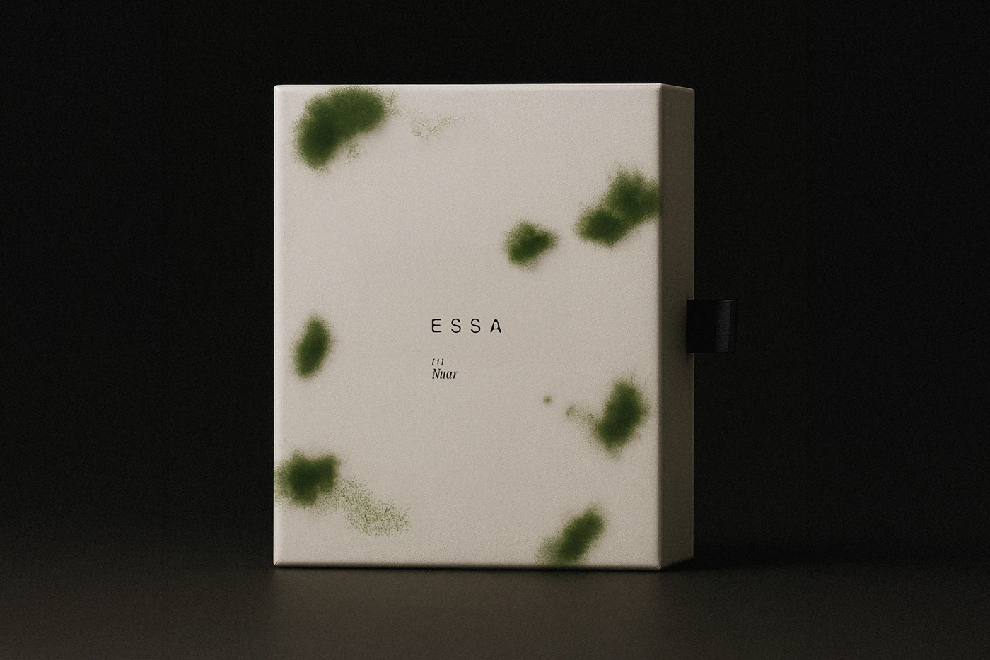 ESSA perfume packaging box with organic moss-textured green gradients and minimalist typography — luxury product box design and contemporary branding trend.