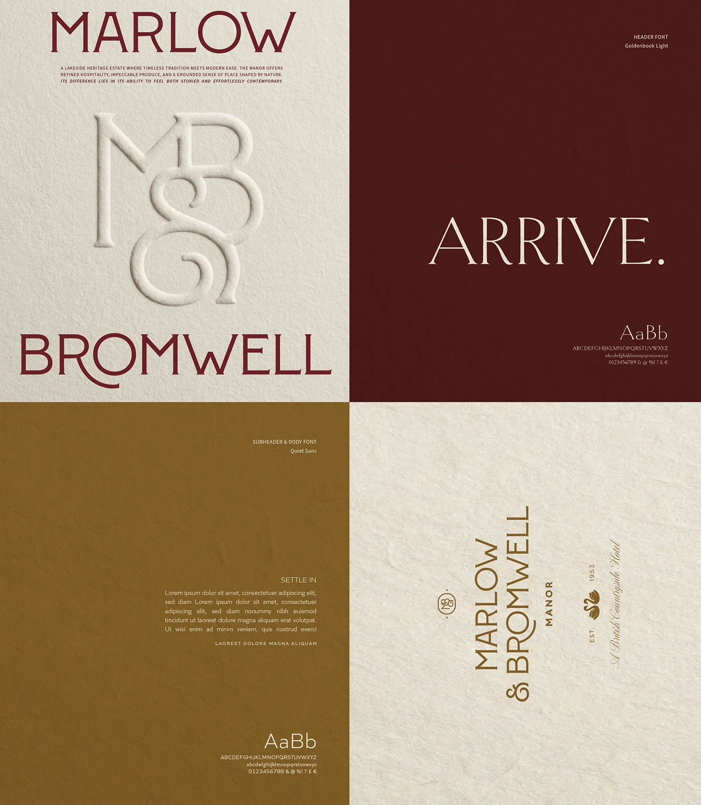 Marlow & Bromwell Manor typography system and brand guidelines displaying custom monogram, serif and sans-serif fonts, color blocks, and sample layouts on textured paper