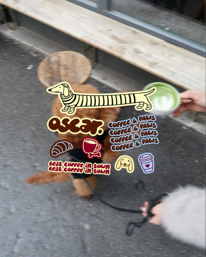 Oscar café social graphic overlay featuring dachshund mascot, playful “coffee & paws” typography, and illustrated icons placed over lifestyle image of dog being served a drink outdoors.