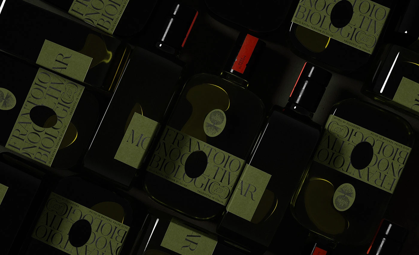 La Leccia organic olive oil packaging displayed in a repeating grid layout, highlighting artisan bottle shape, green paper labels, and premium Italian brand design.