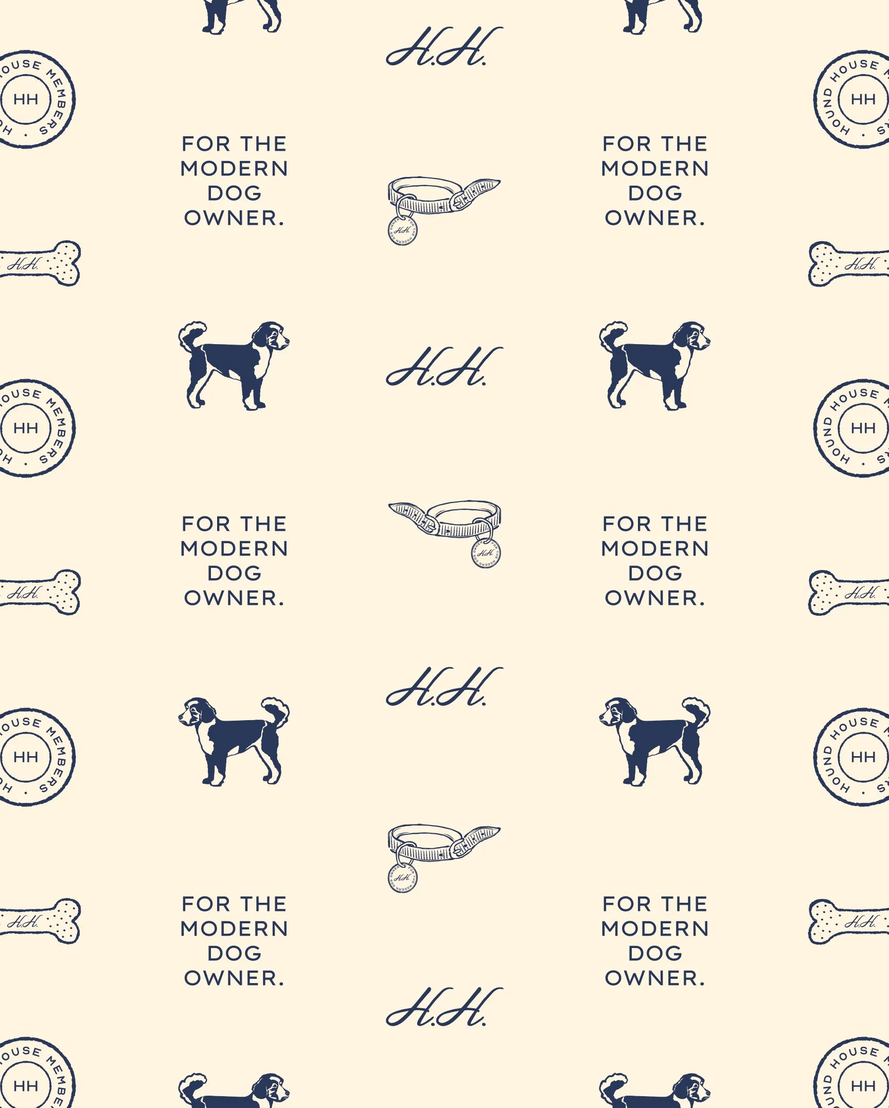 Repeating Hound House brand pattern featuring dog illustrations, collar icons, monograms, and the phrase “For the Modern Dog Owner,” showcasing a cohesive pet hospitality brand identity system.