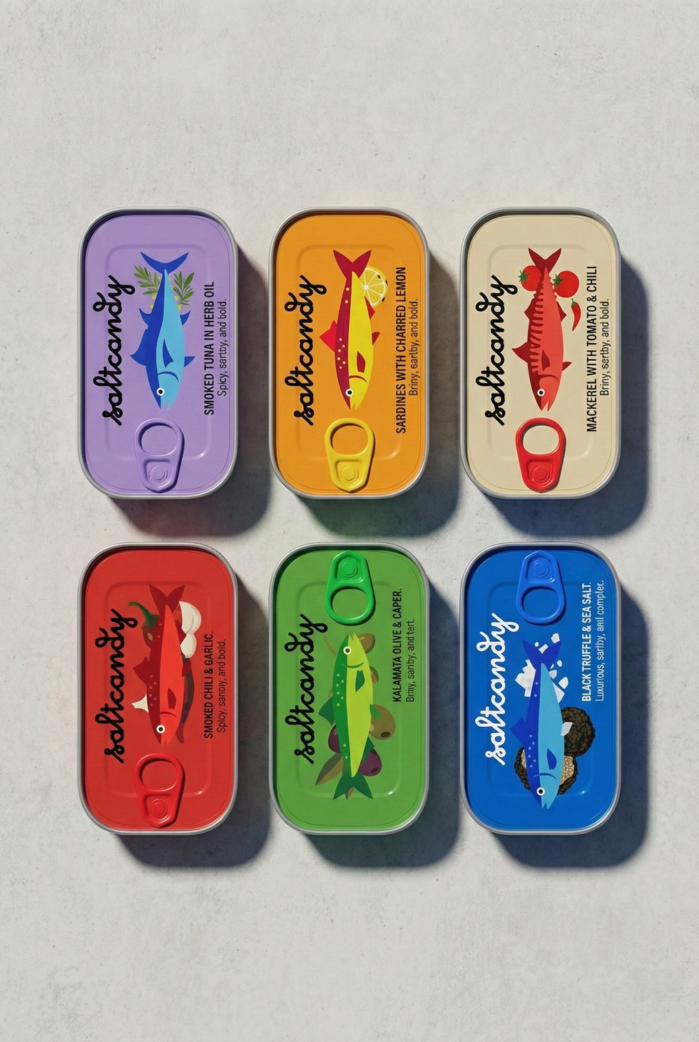 Top view of six Saltcandy sardine tins arranged in a grid, highlighting a cohesive packaging system with vibrant colors and illustrated fish designs.
