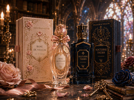 Luxury perfume and cologne packaging concept for Rose de Vellum and Nocturne Thorn by Velours & Vellum, featuring blush rose packaging, dark gothic cologne design, gilded details, candlelight, and a romantic library setting.