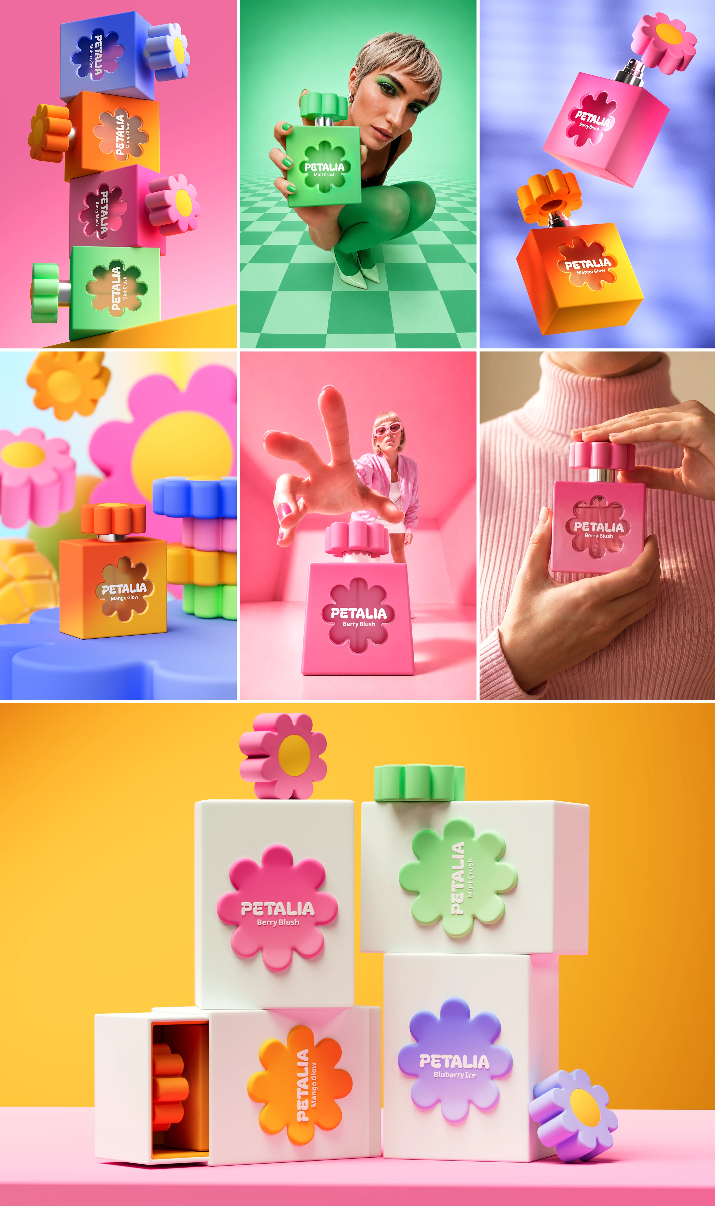PETALIA fragrance brand presentation showing colorful product photography, lifestyle imagery, flower-shaped caps, square perfume bottles, and white retail packaging boxes.