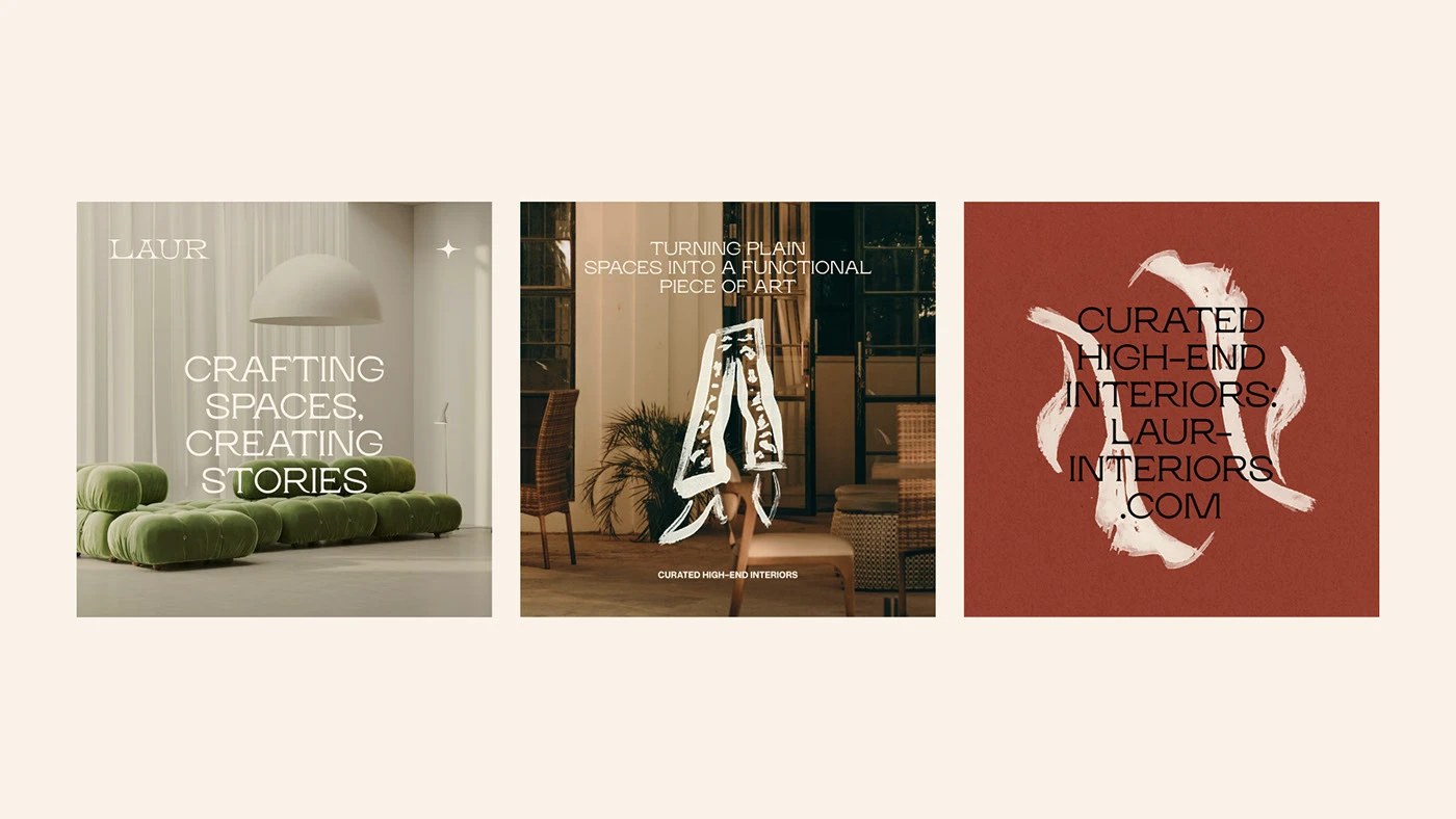 Laur Interior Design Studio social media layout featuring terracotta graphics, modern serif typography, and minimalist art direction — a cohesive digital branding system by Yana Vision.