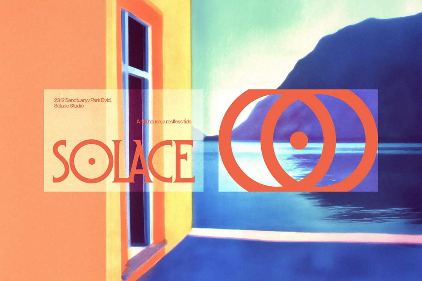 Solace Studio brand identity mockup featuring a modern logo and typography overlaid on a serene coastal landscape with a mountain and blue water, emphasizing the brand's 'A still house, a restless tide' concept.