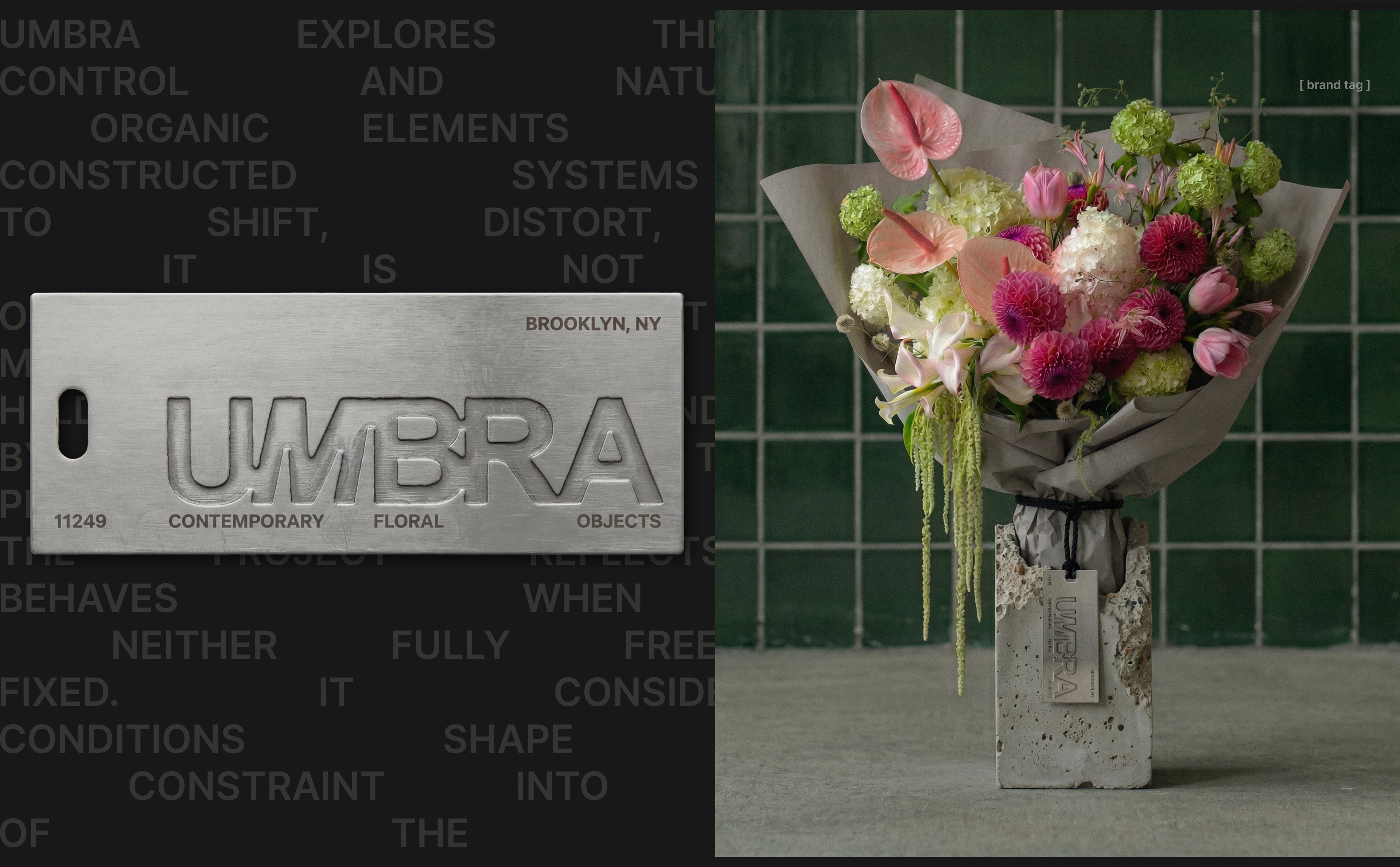 UMBRA brand tag design shown beside a colorful floral bouquet in a concrete vessel, featuring debossed branding, gray paper stock, and a dark editorial background.