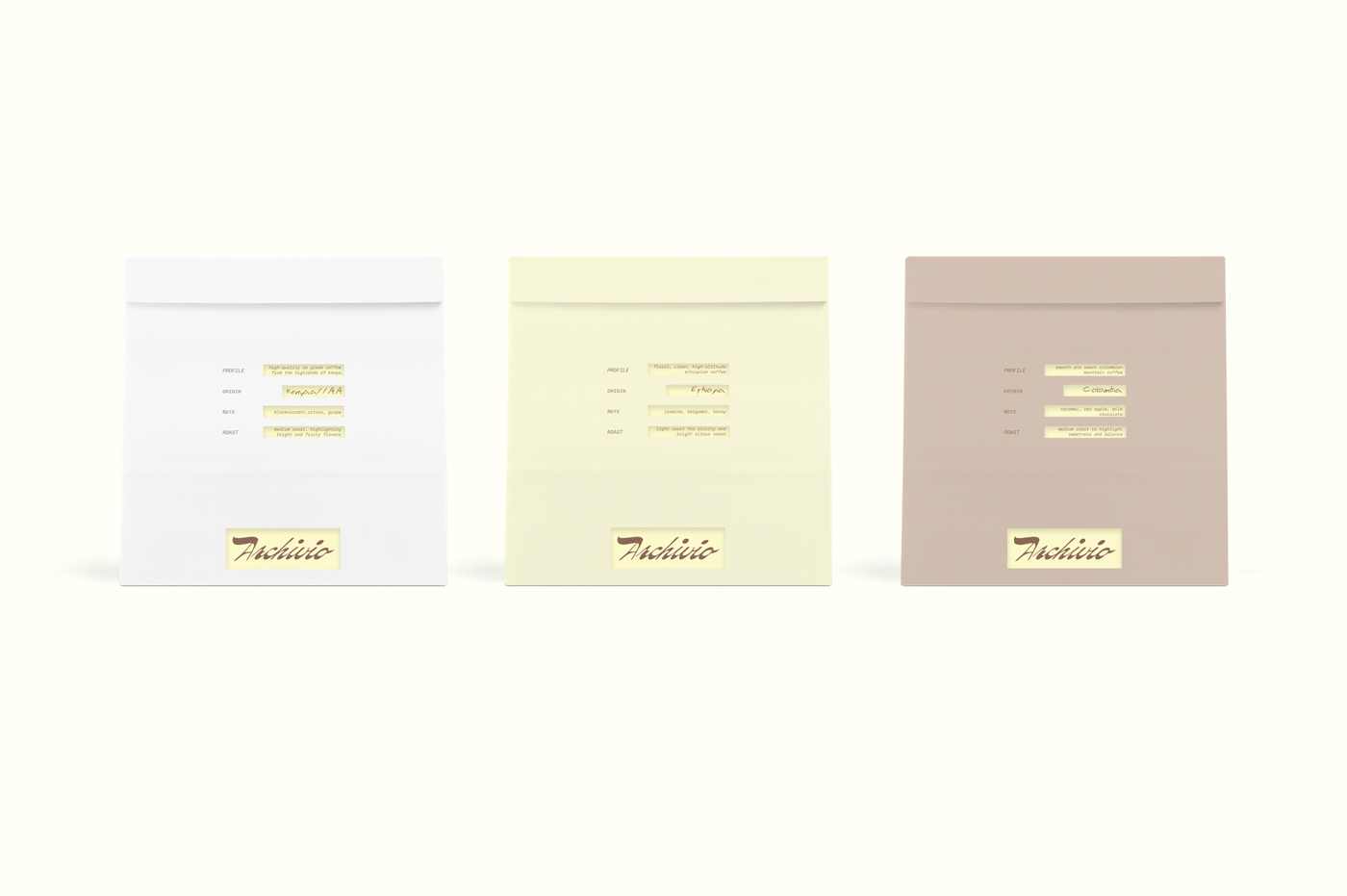 Archivio Coffee Cultura coffee packaging collection featuring three minimalist pastel pouches labeled with origin and roast details using archival highlight typography.