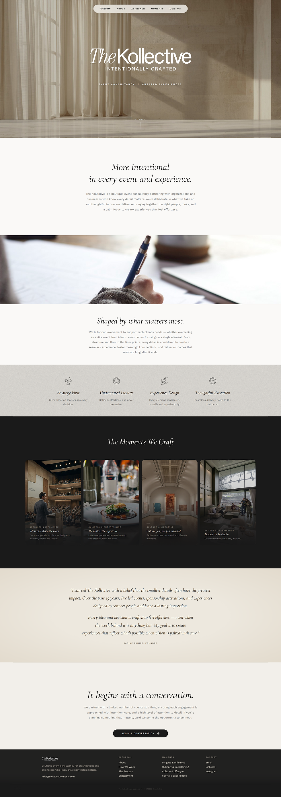 The Kollective one-page website design featuring an editorial event consultancy layout with soft photography, refined typography, service sections, testimonial copy, and a calm call to action.