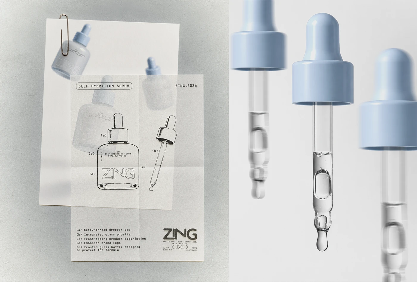 ZING deep hydration serum concept sheet beside close-up serum droppers, showing packaging sketches, pale blue caps, translucent liquid, and a clean modern skincare design system.
