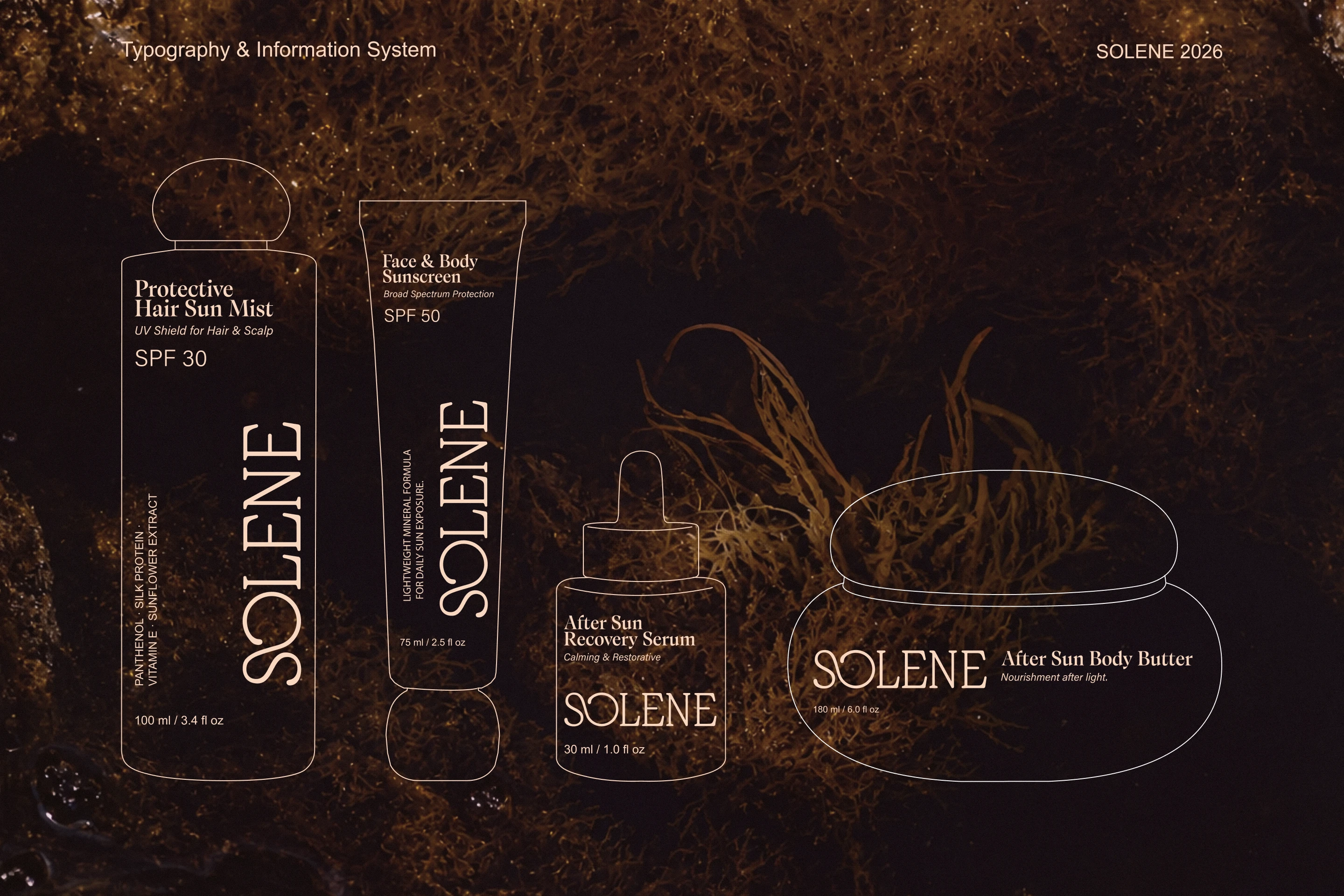 Solene SPF typography and information system with outline packaging forms, product label hierarchy, and refined serif type across the sun care product range.