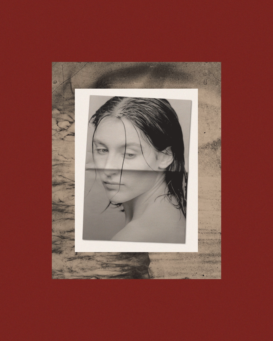 Skora brand identity artwork showing an archival-style portrait partially submerged in water, framed by a deep red background, reflecting the brand’s time-based storytelling and sensuous, cinematic visual language.