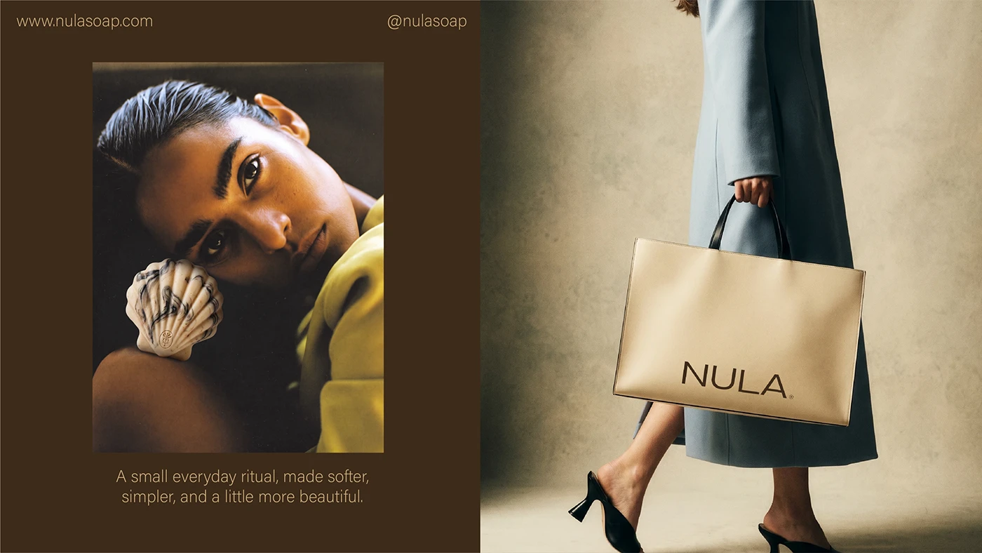 NULA editorial brand imagery featuring a model with a sculptural shell soap alongside a minimalist cream tote bag with the NULA wordmark.