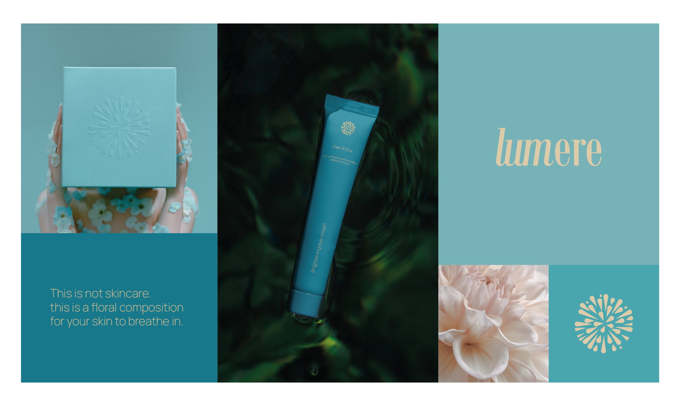 A multi-panel editorial grid showcasing the Lumere brand story. Features include a teal product tube submerged in dark water, macro floral photography, a quote about "floral composition for your skin," and clean blocks of teal color with gold-foiled logos.