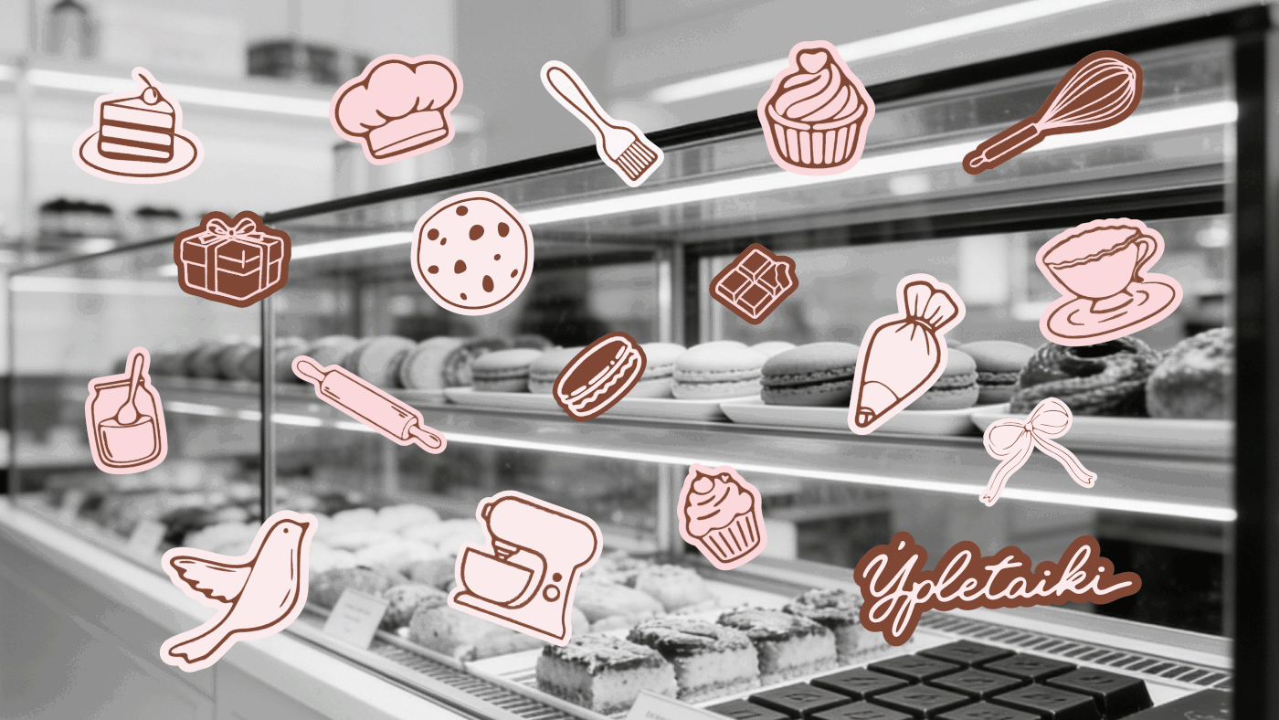 Illustrated café icon set in blush and cocoa tones layered over pastry display photography, showcasing playful yet refined visual elements of Ypletaiki brand identity.