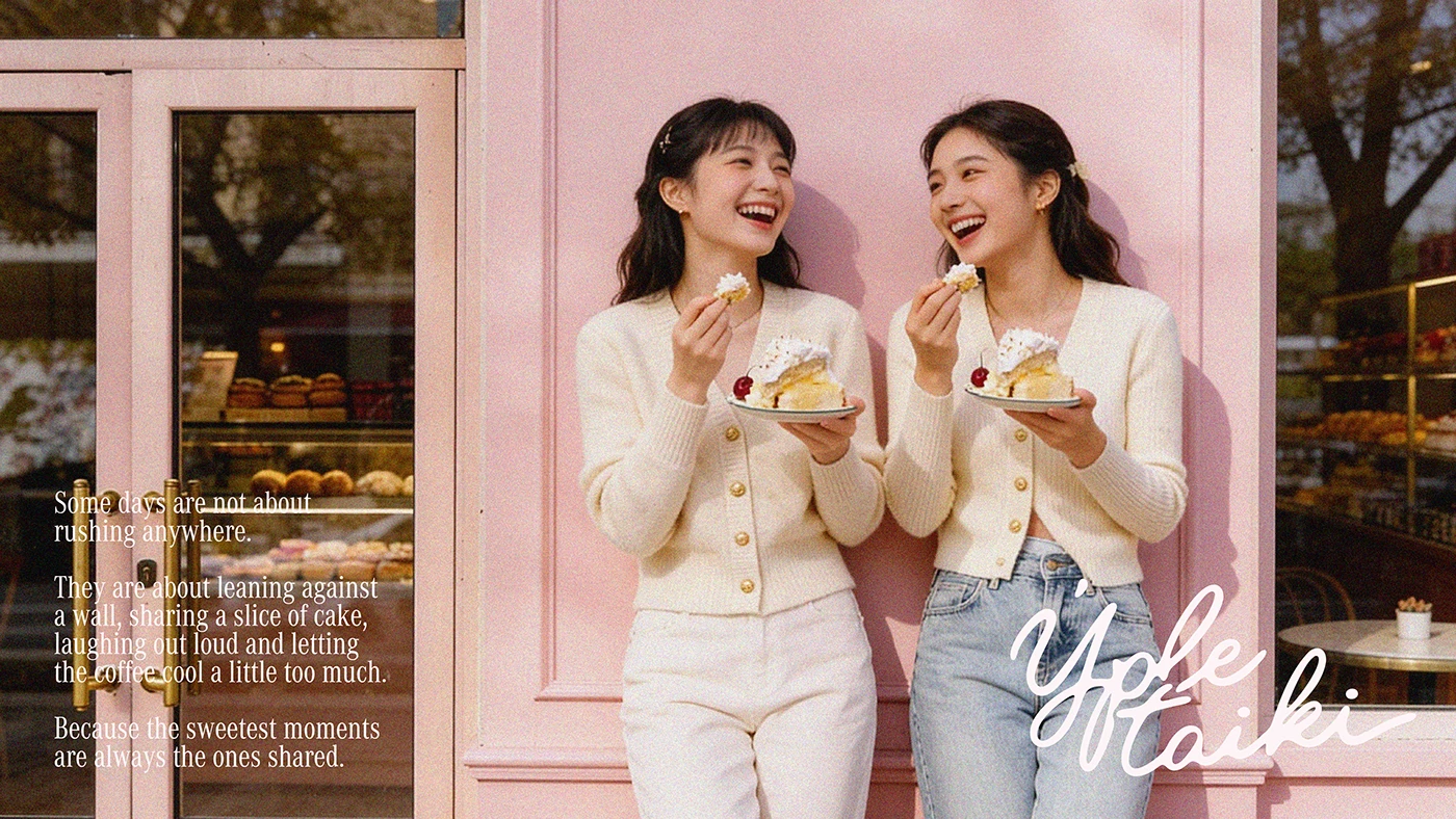 Lifestyle image of two women enjoying cake outside Ypletaiki café storefront with blush pink doors and script logo, emphasizing shared dessert moments and brand storytelling.
