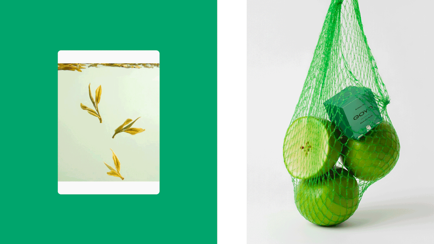 Goyo Tea lifestyle photography featuring Emerald Hush packaging with green apples in a mesh bag and floating tea leaves in water, highlighting minimalist branding Image 12