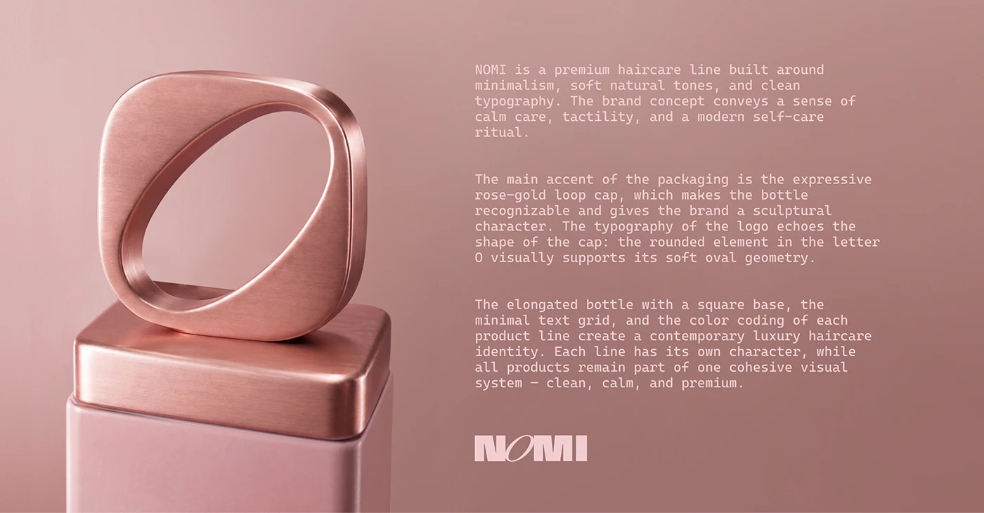 Close-up of the sculptural rose-gold cap and blush pink NOMI shampoo bottle beside an overview of the minimalist packaging concept.