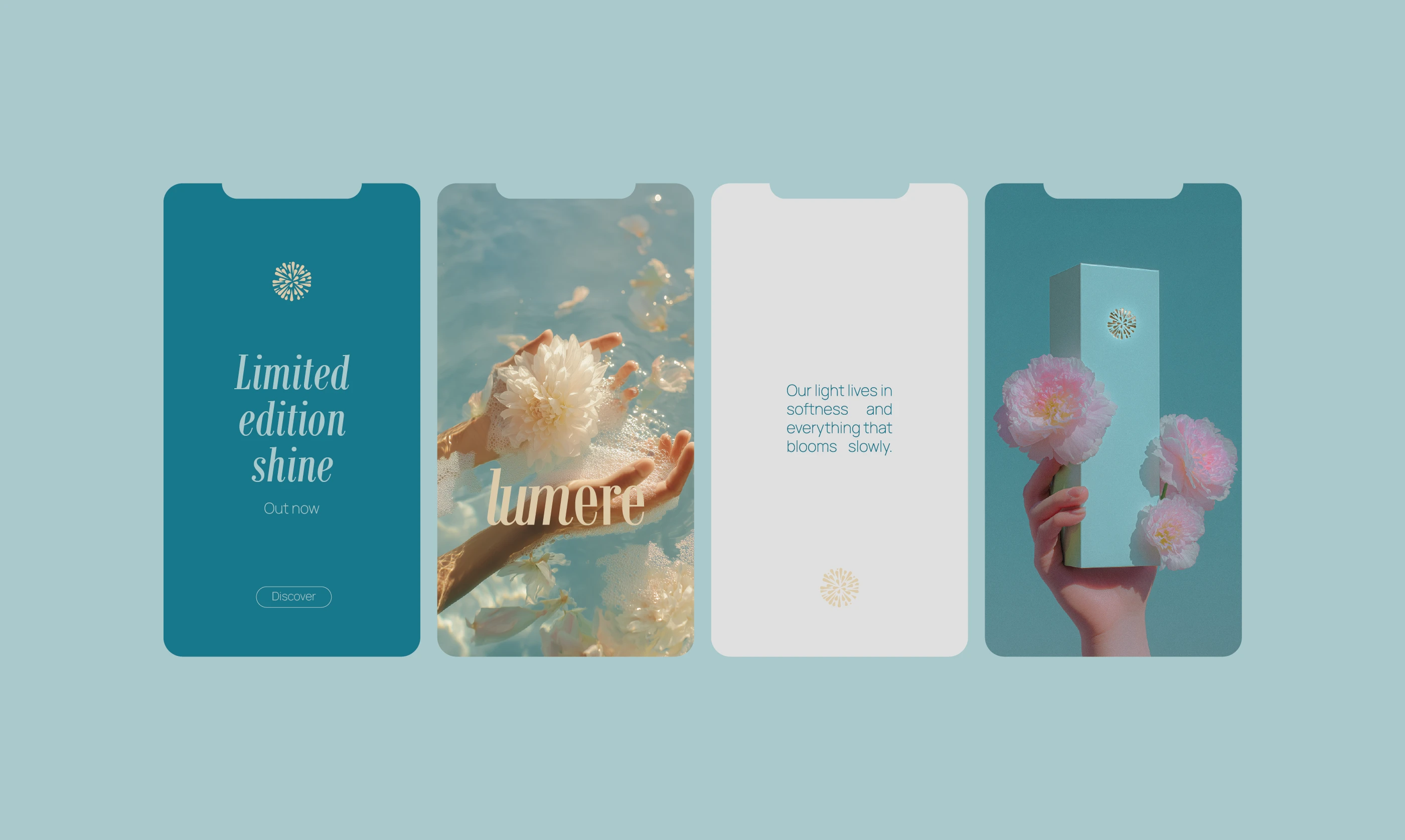 Four vertical smartphone screen mockups displaying Lumere’s digital brand identity. The designs include editorial typography, high-fashion photography of hands in water with flowers, and minimalist layouts featuring pink peonies and teal product boxes.
