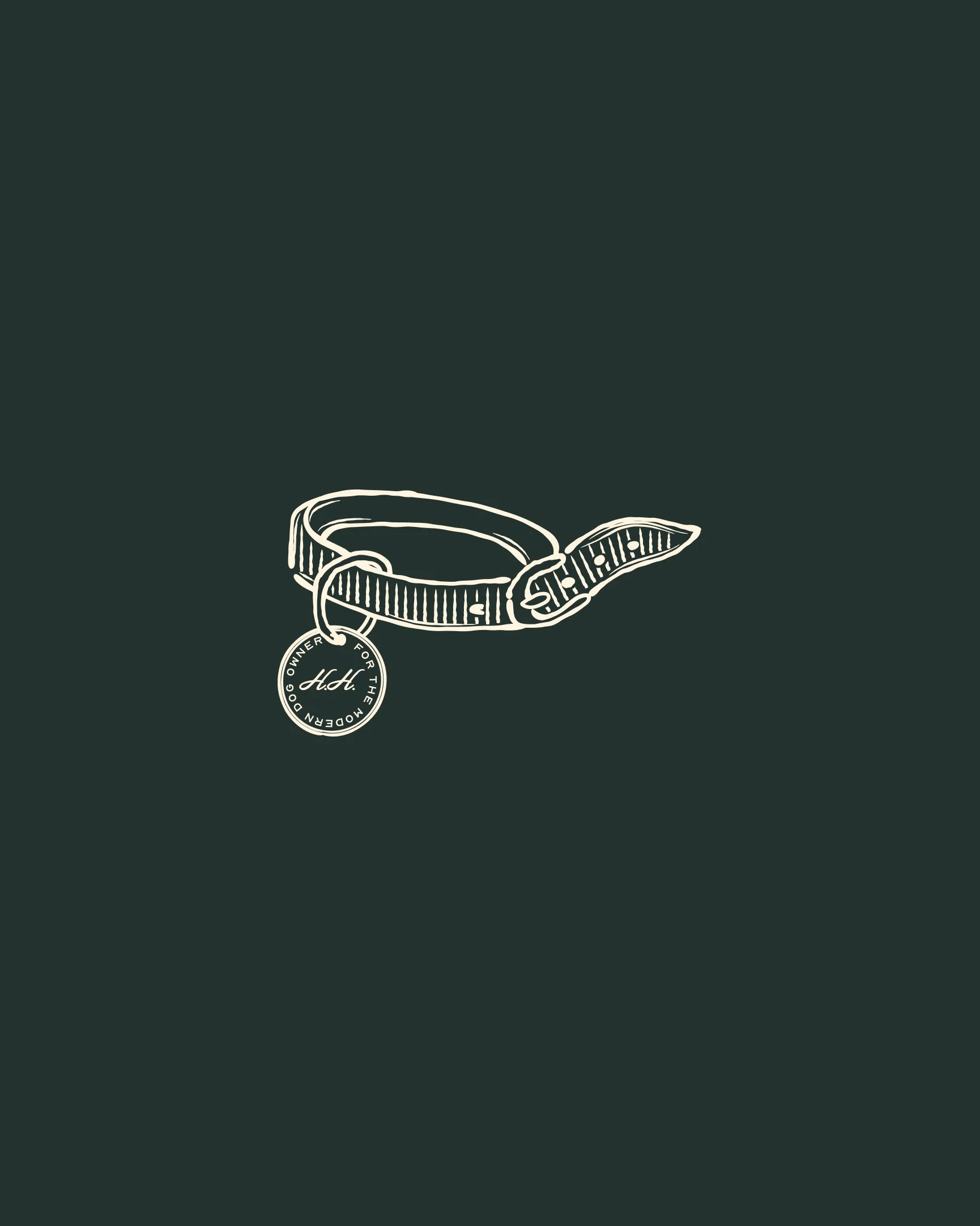 Illustrated dog collar with circular Hound House tag on a dark green background, representing a custom illustration element within a pet hospitality brand identity.