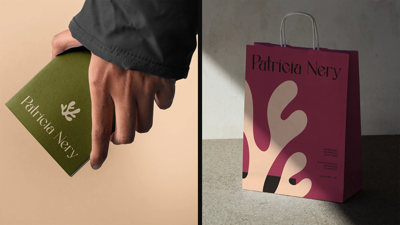 Patricia Nery culinary brand identity packaging designs featuring an olive green branded box and bold pink shopping bag with organic abstract shape and editorial typography.