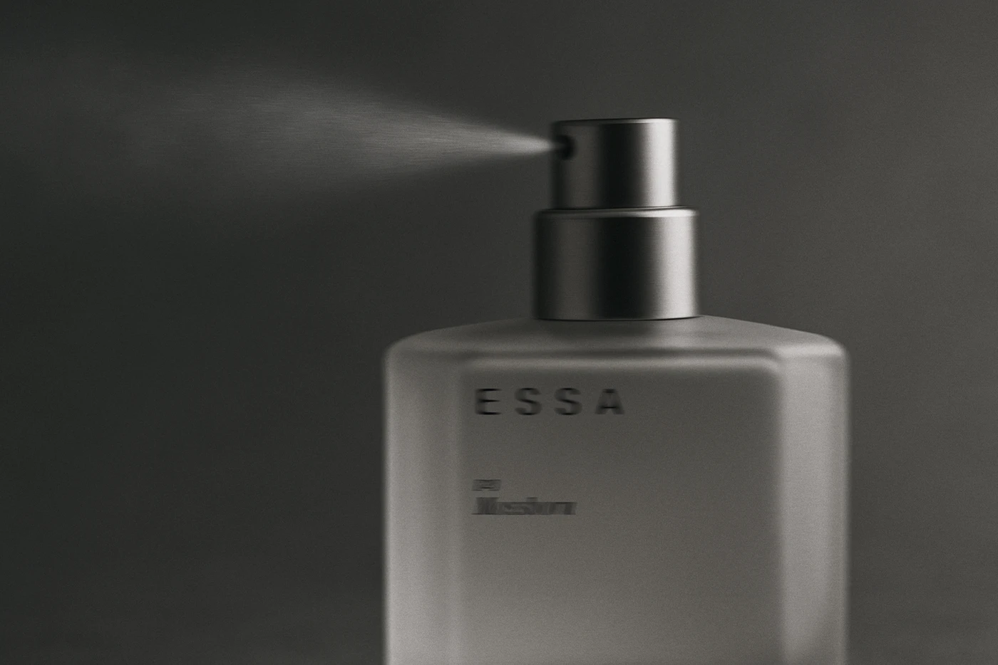 ESSA perfume branding and packaging design by Lym Design Studio showcasing product spray in motion — luxury minimal product photography and art direction trend.