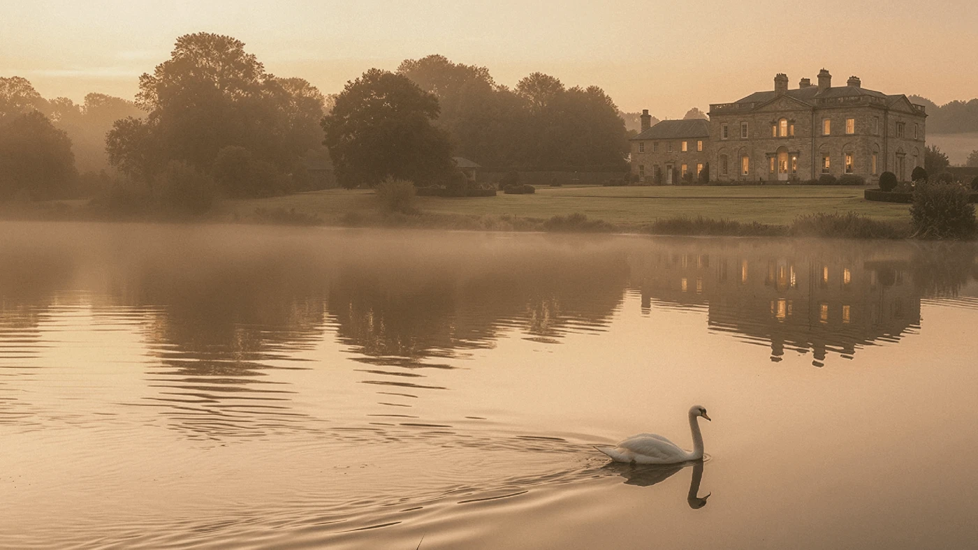 Marlow & Bromwell Manor heritage hotel exterior at dawn with a swan swimming on misty lake, reflecting the stone manor house in the water