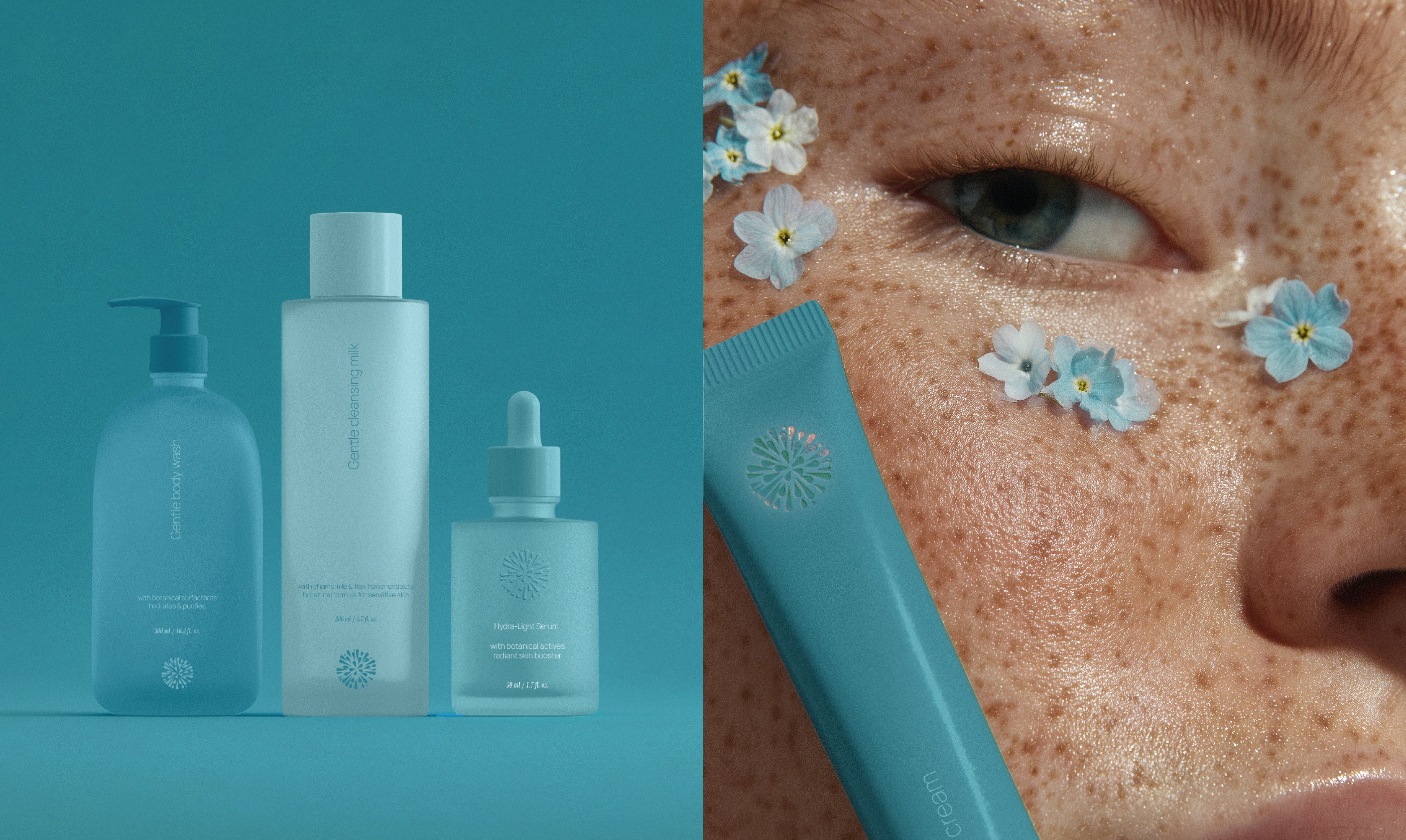 A split composition image. The left features a close-up of a freckled face with light blue forget-me-not flowers applied to the skin and a teal product tube. The right shows three frosted light teal Lumere bottles (Body Wash, Cleansing Milk, and Serum) against a matching teal background.