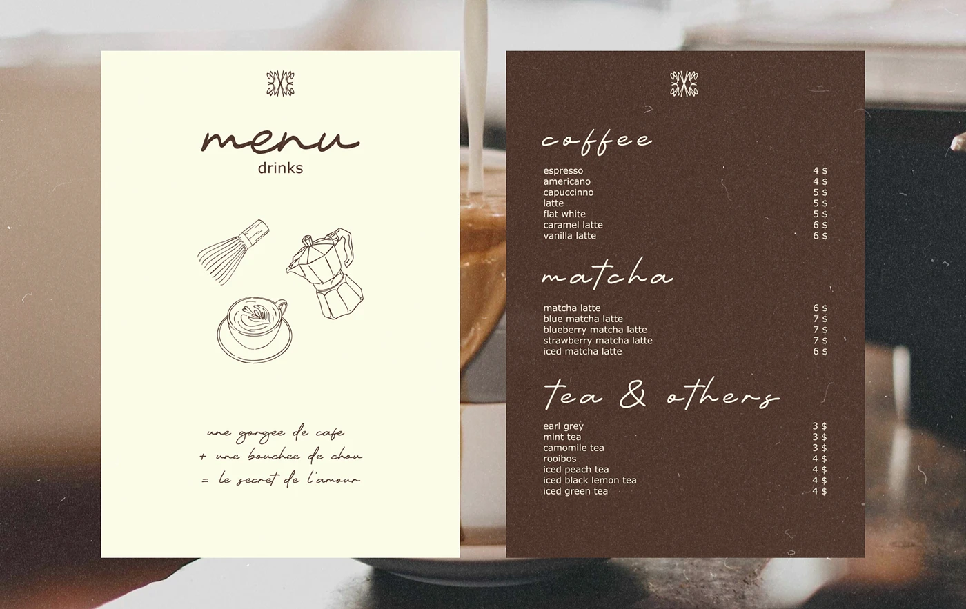 Mon Chou Bakery & Coffee Bar drink menus displayed side by side, showing illustrated latte art, matcha tools, and handwritten coffee, matcha, and tea offerings on cream and cocoa backgrounds.