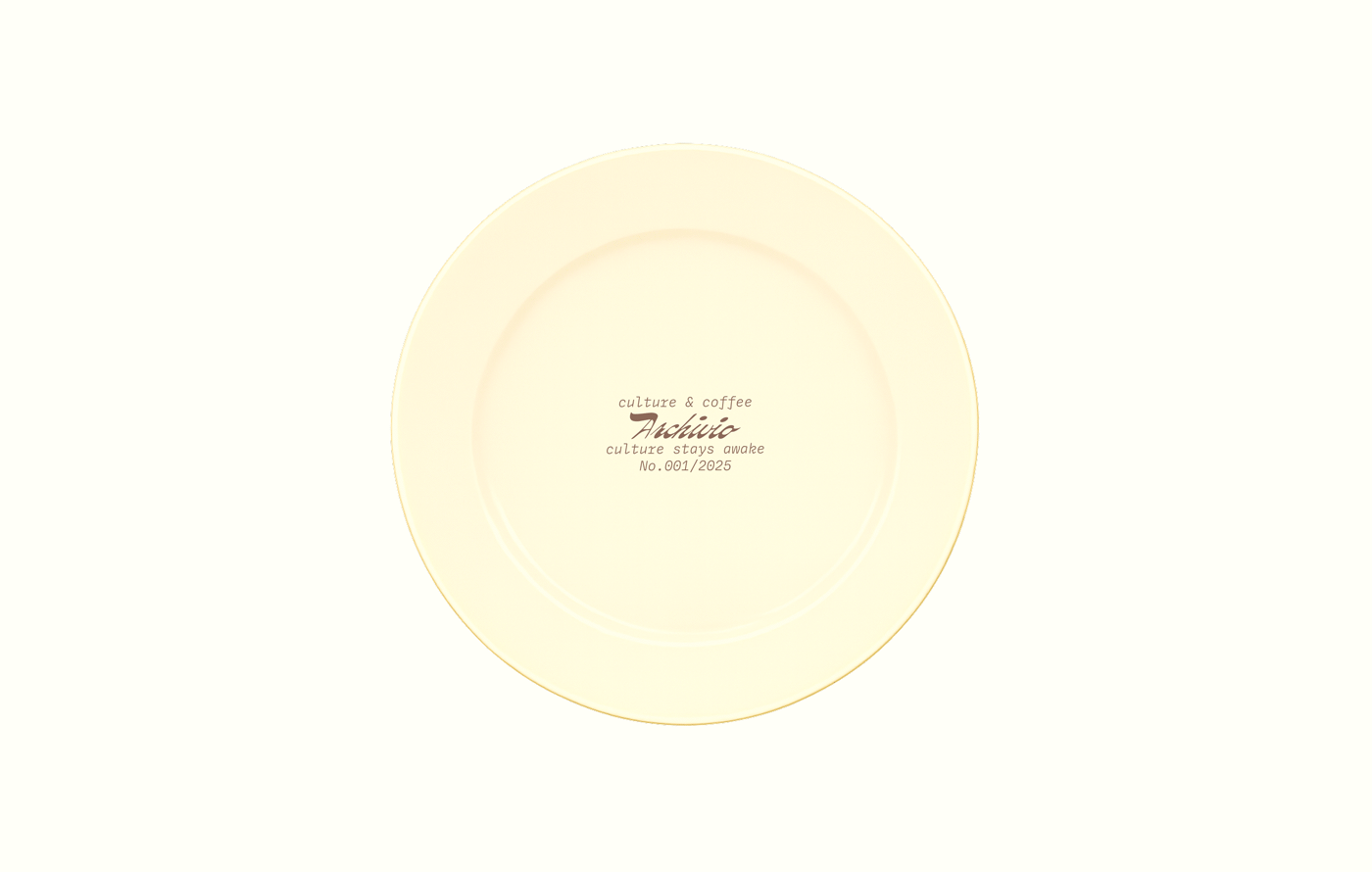 Archivio Coffee Cultura minimalist ceramic plate featuring centered logo and archival issue number typography on soft pastel surface.