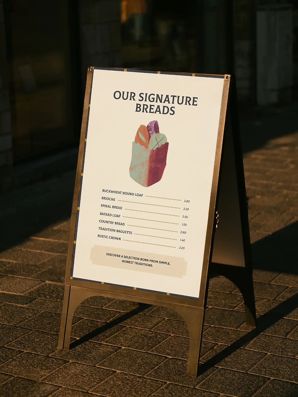 Uncle Dough menu board signage with illustrated bread graphic displayed on sidewalk outside bakery