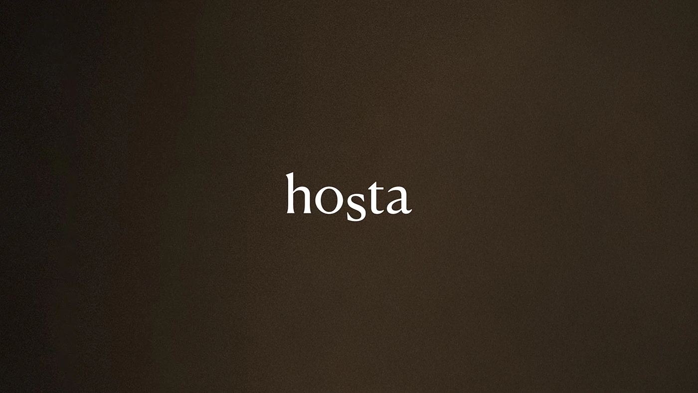 Hosta minimalist skincare logo design displayed in refined serif typography on warm brown gradient background, showcasing clean beauty brand identity by Anastasiia Mironova.