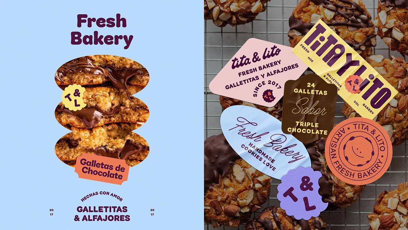 Stacked chocolate alfajores dripping with melted chocolate beside colorful Tita & Lito Bakery stickers and labels, highlighting playful retro branding and artisanal cookie packaging design.