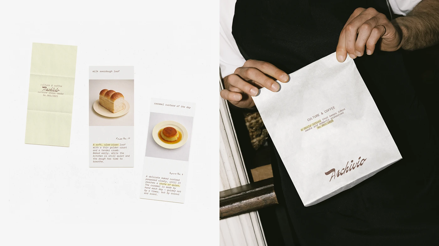 Archivio Coffee Cultura printed product cards featuring bread and dessert photography alongside branded takeaway coffee bag with handwritten highlight details.