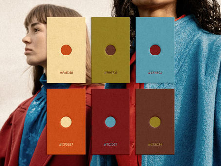 Red Dahlia color palette titled Sirens, featuring bold red, blue, orange, brown, olive, and yellow tones over an editorial fashion image with layered coats and saturated color contrast.