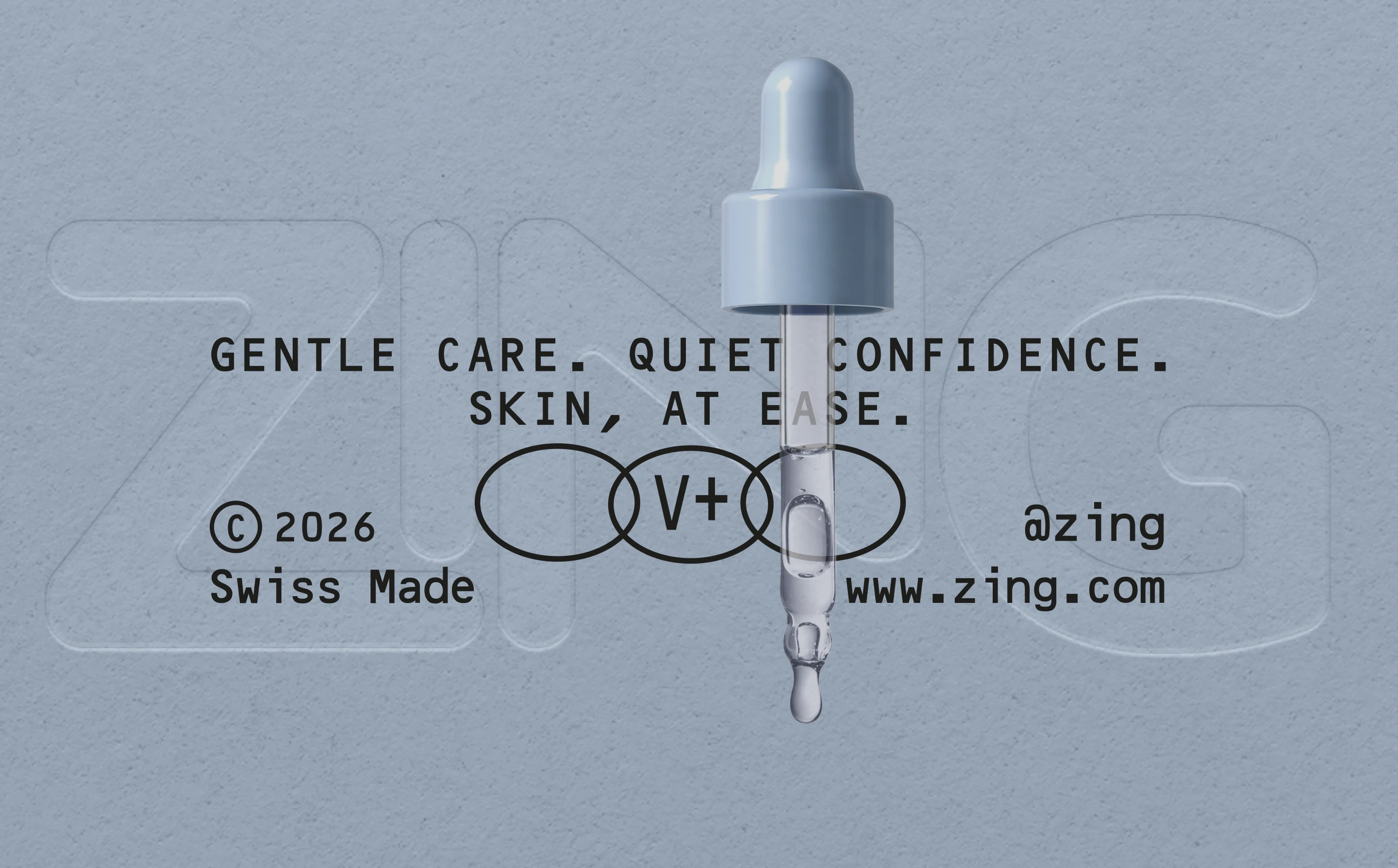 ZING skincare serum dropper shown over a pale blue branded background with bold black typography, soft embossed logo details, and sensitive-skin messaging.