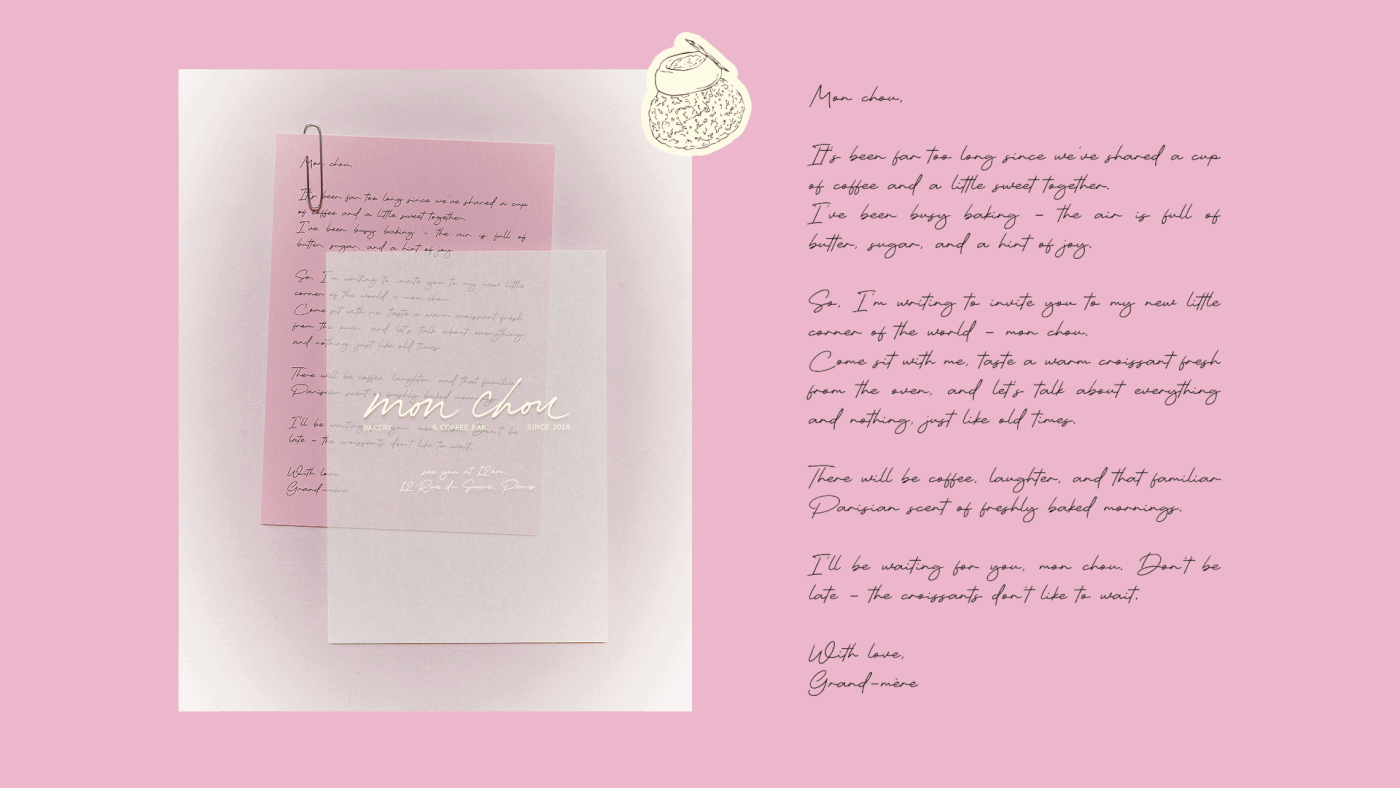 Mon Chou Bakery & Coffee Bar stationery featuring layered pink papers, handwritten letters, and a vintage French-inspired illustration, emphasizing the brand’s nostalgic “grandma’s touch” concept.
