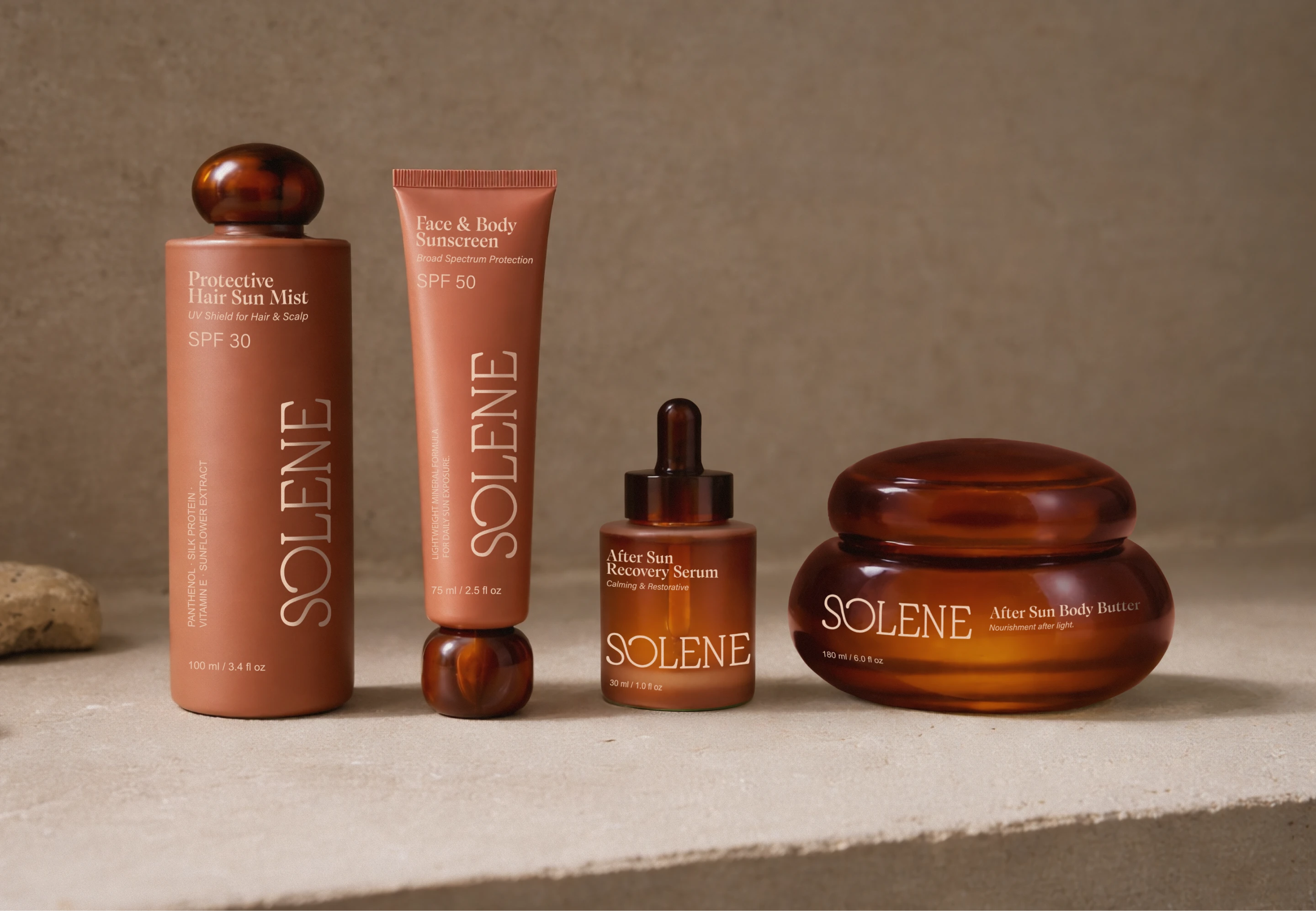 Solene SPF full sunscreen product range with protective hair sun mist, face and body sunscreen, after sun recovery serum, and after sun body butter in warm amber packaging.