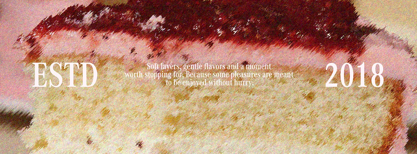 Close-up dessert photography of layered cake with soft pastel tones and overlay text highlighting Ypletaiki’s gentle flavors and premium sweet shop brand positioning.