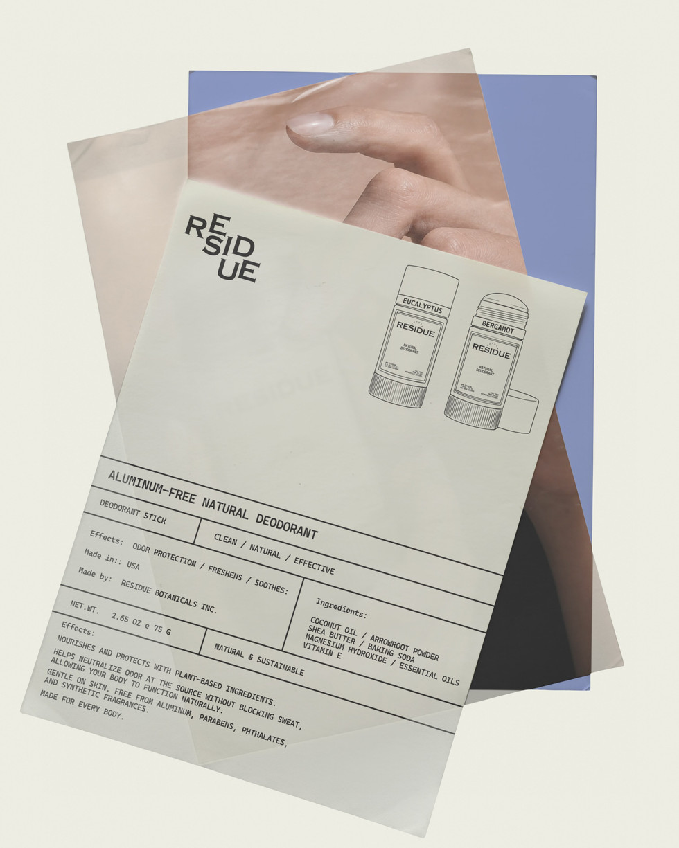 Printed brand collateral featuring product illustrations, ingredient information, and translucent layered sheets with a powder blue backing.