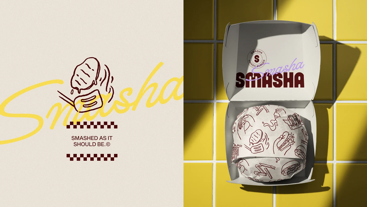 Smasha logo and packaging presented on yellow tiled surfaces, featuring illustrated burger wrappers and playful fast-food branding details.